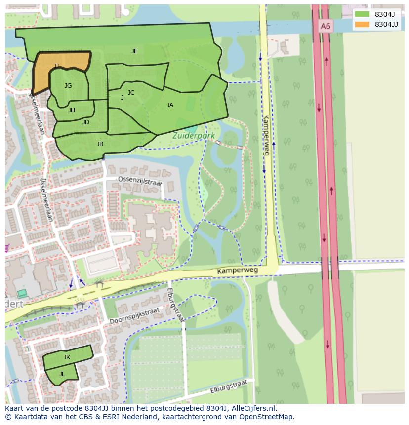 Afbeelding van het postcodegebied 8304 JJ op de kaart.