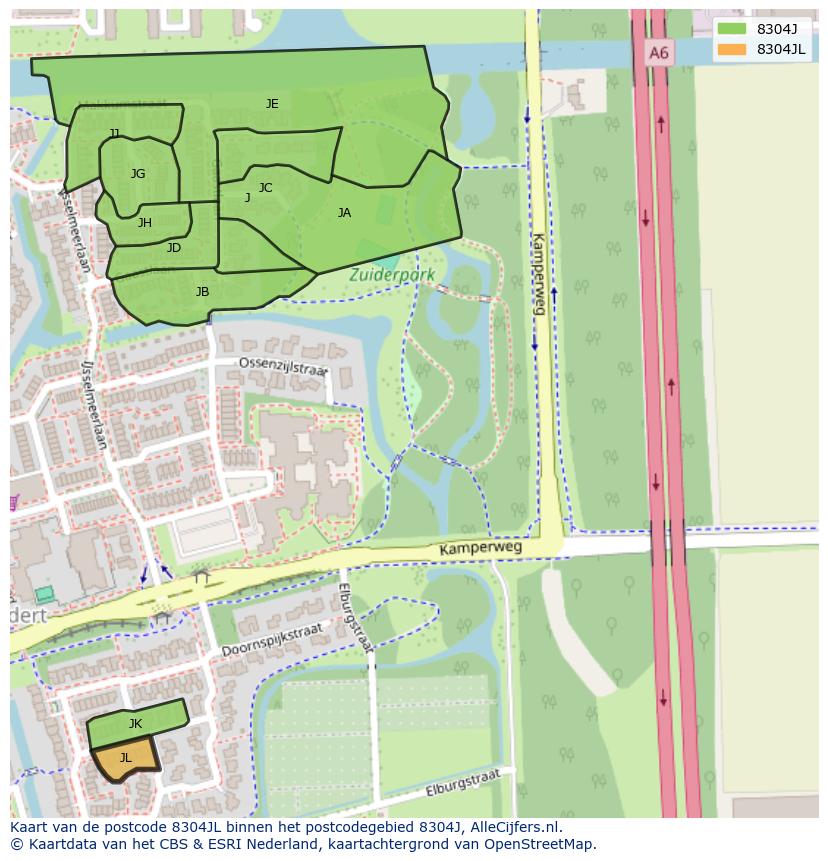 Afbeelding van het postcodegebied 8304 JL op de kaart.