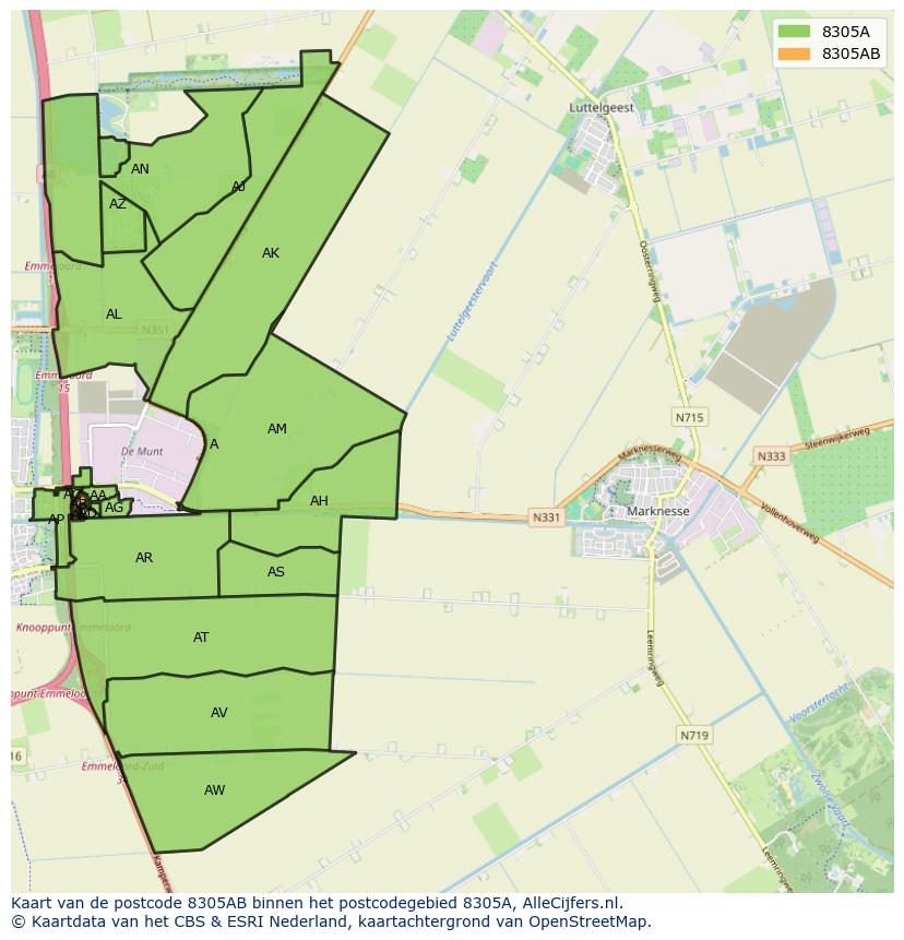 Afbeelding van het postcodegebied 8305 AB op de kaart.
