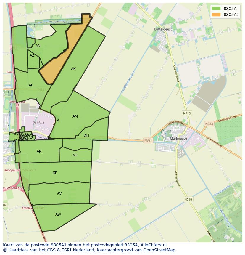Afbeelding van het postcodegebied 8305 AJ op de kaart.