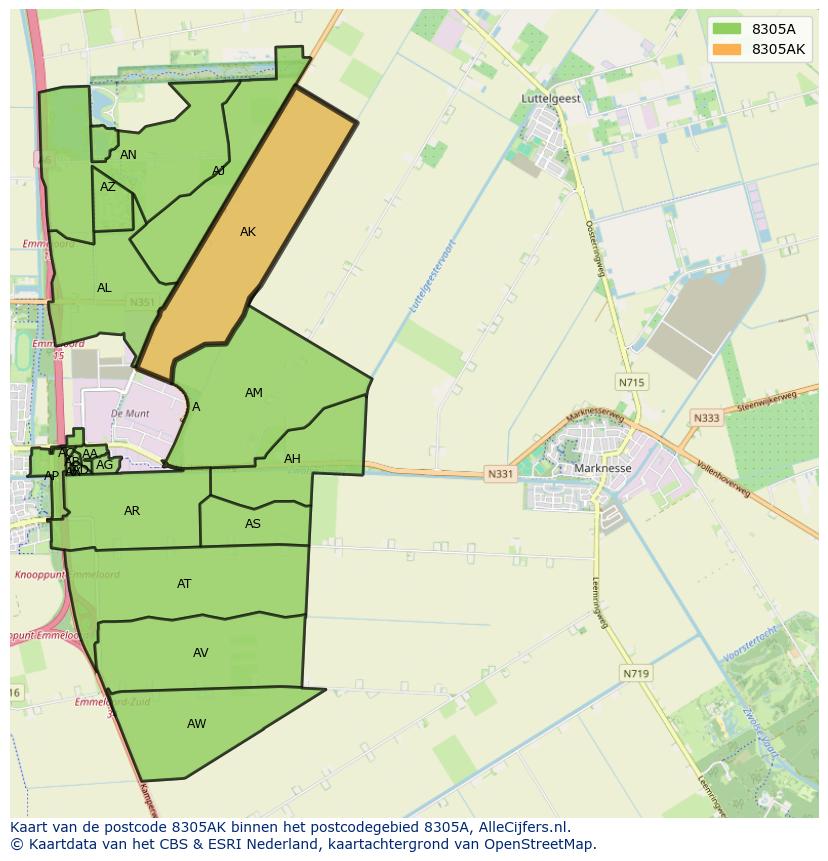 Afbeelding van het postcodegebied 8305 AK op de kaart.