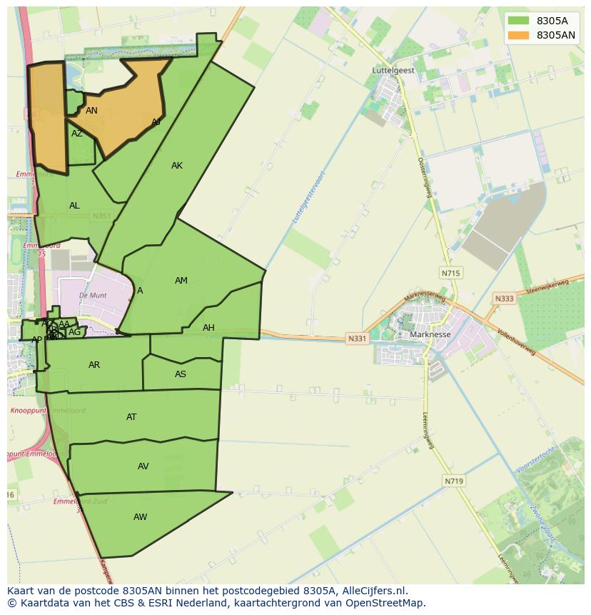 Afbeelding van het postcodegebied 8305 AN op de kaart.