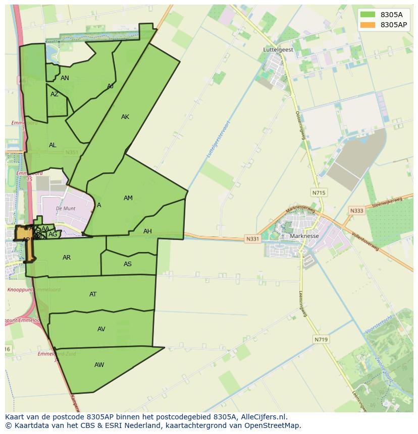 Afbeelding van het postcodegebied 8305 AP op de kaart.