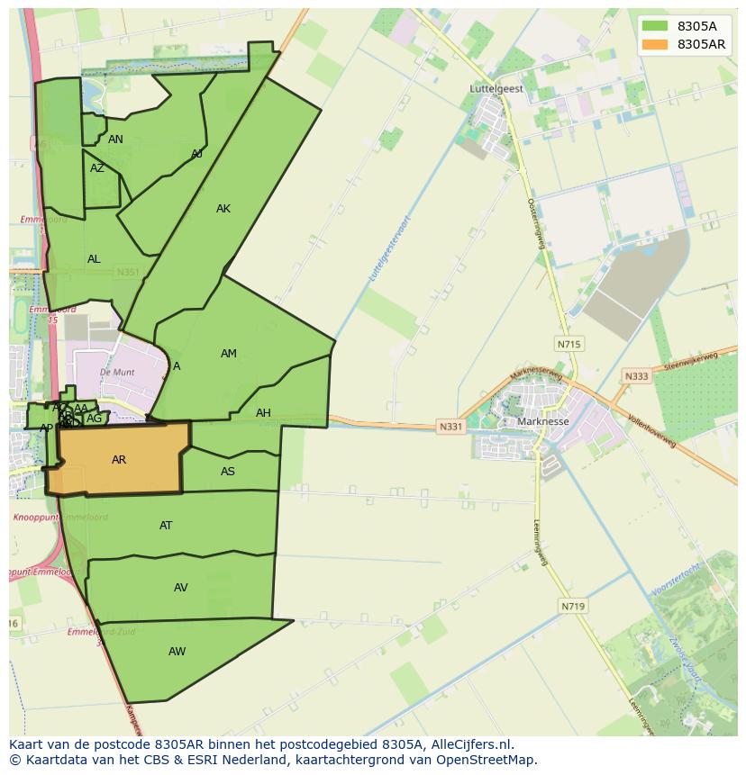 Afbeelding van het postcodegebied 8305 AR op de kaart.