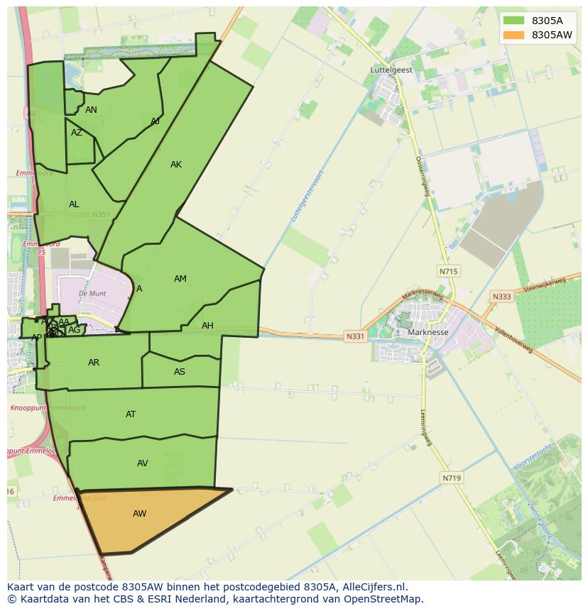Afbeelding van het postcodegebied 8305 AW op de kaart.