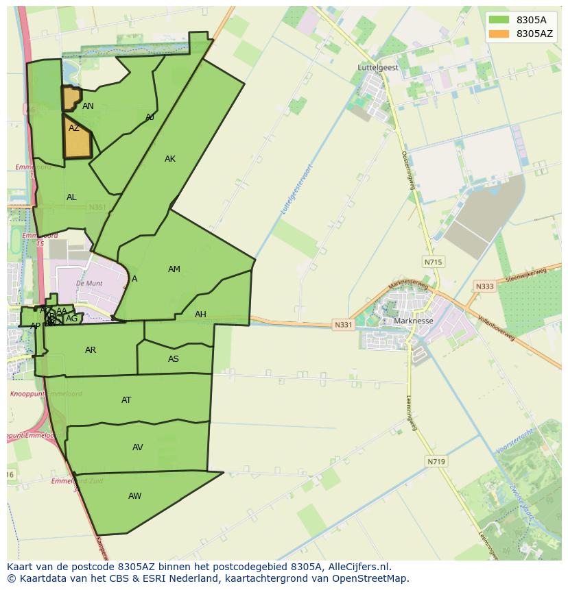 Afbeelding van het postcodegebied 8305 AZ op de kaart.