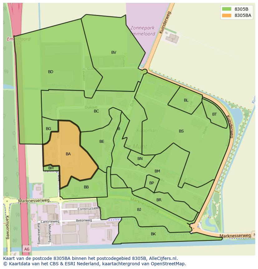 Afbeelding van het postcodegebied 8305 BA op de kaart.