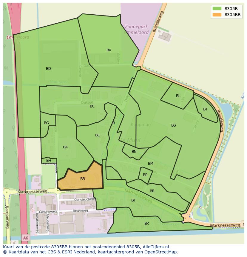 Afbeelding van het postcodegebied 8305 BB op de kaart.
