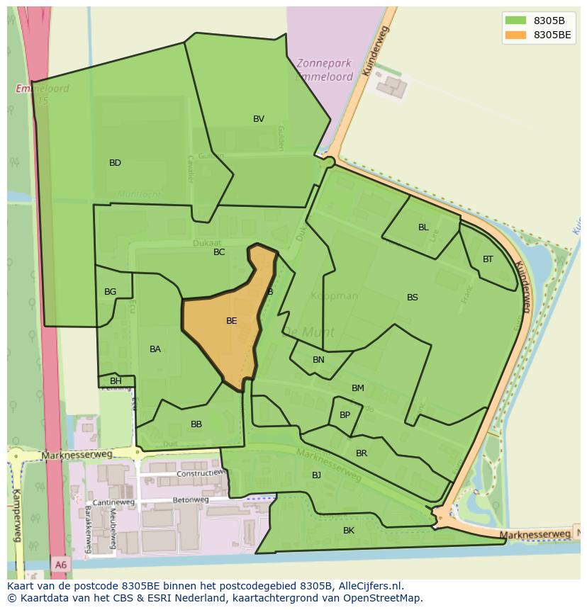 Afbeelding van het postcodegebied 8305 BE op de kaart.