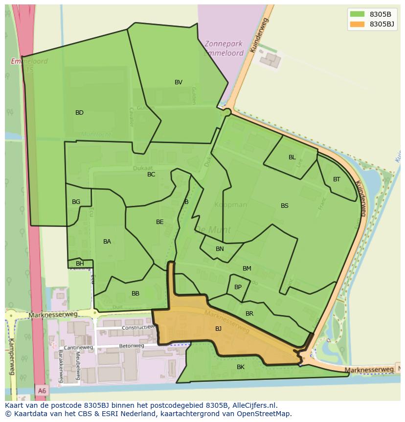 Afbeelding van het postcodegebied 8305 BJ op de kaart.