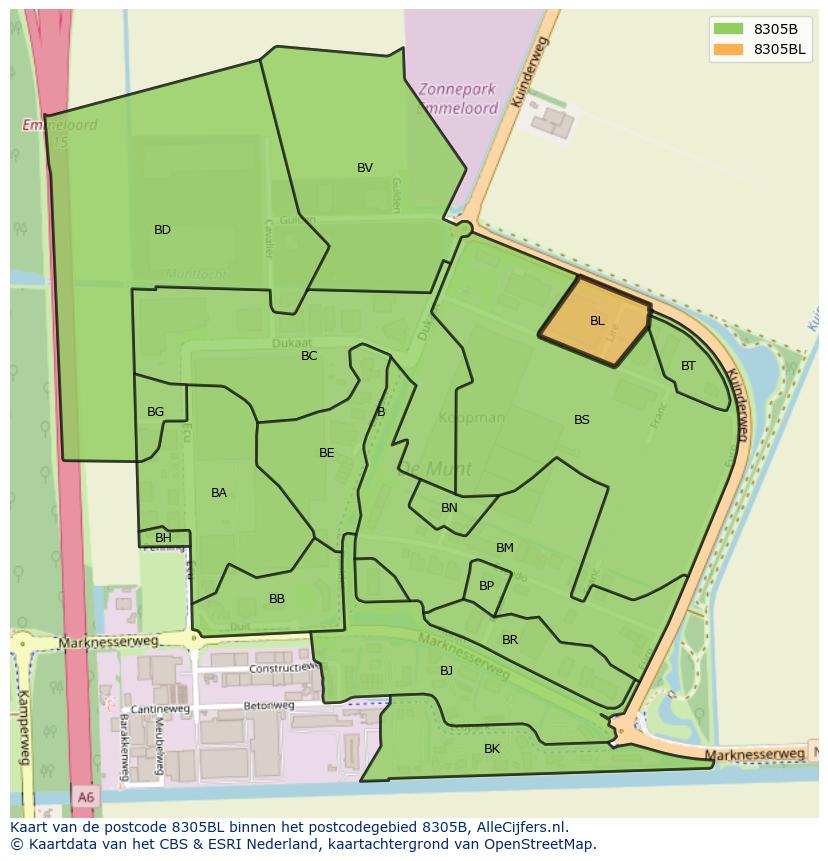 Afbeelding van het postcodegebied 8305 BL op de kaart.
