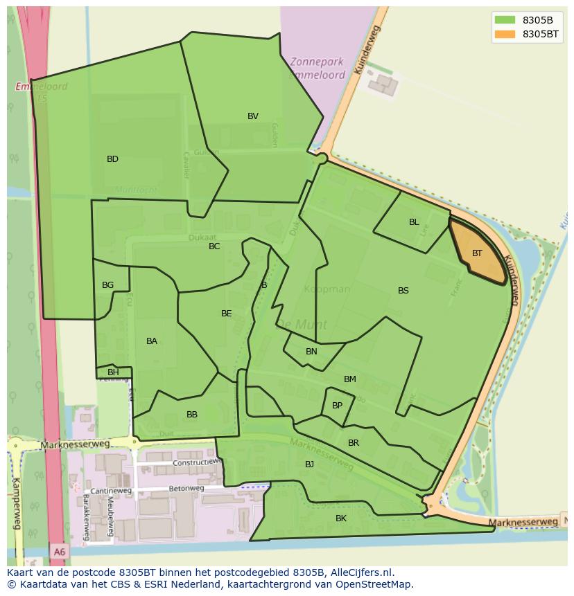 Afbeelding van het postcodegebied 8305 BT op de kaart.
