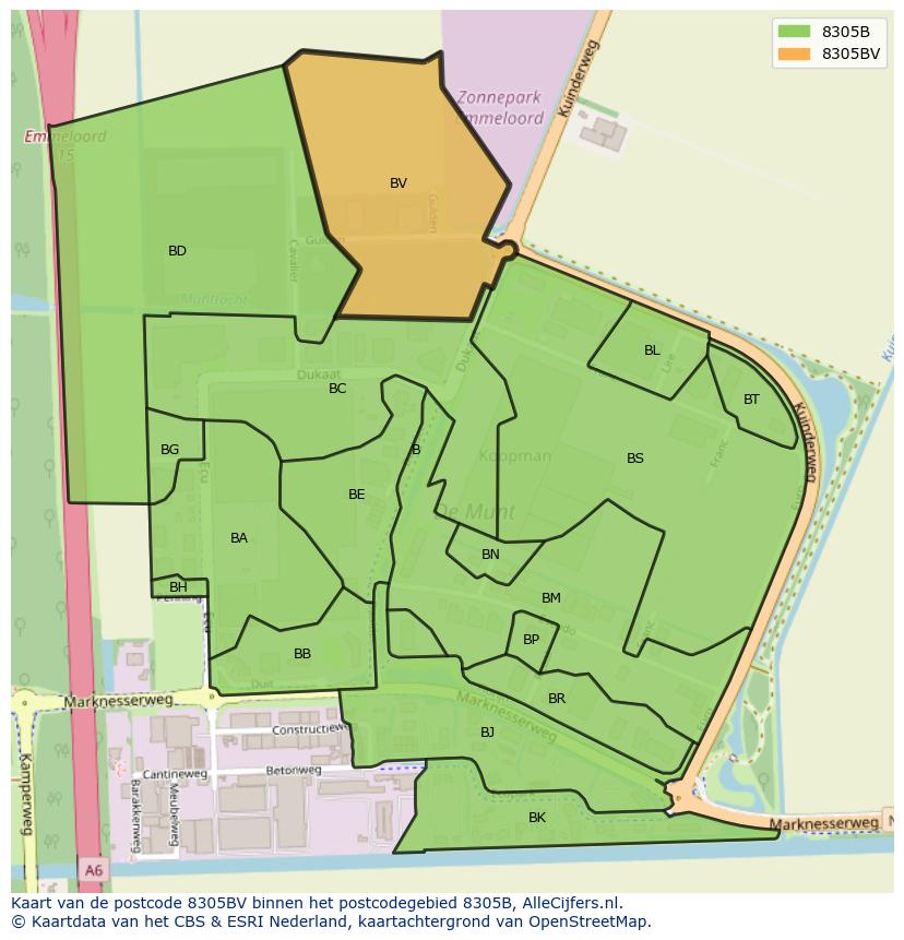 Afbeelding van het postcodegebied 8305 BV op de kaart.