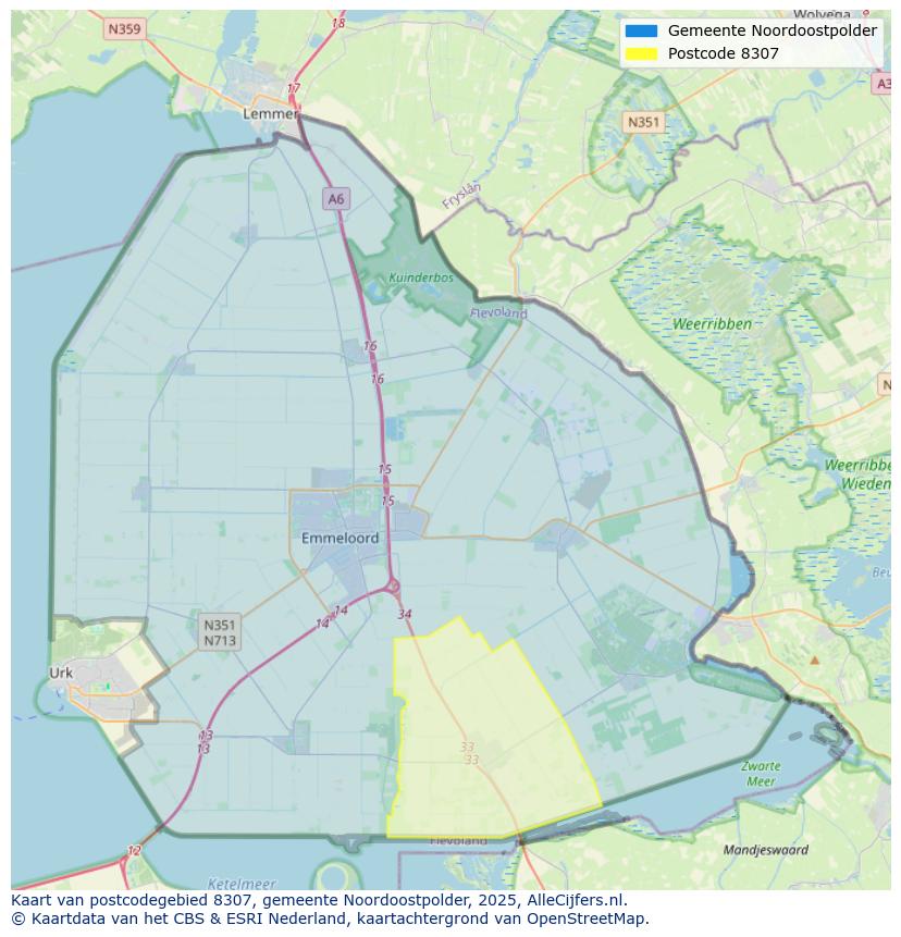 Afbeelding van het postcodegebied 8307 op de kaart.