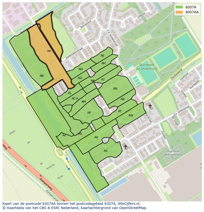 Afbeelding van het postcodegebied 8307 AA op de kaart.