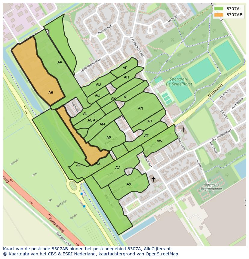 Afbeelding van het postcodegebied 8307 AB op de kaart.