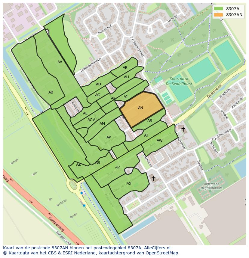 Afbeelding van het postcodegebied 8307 AN op de kaart.