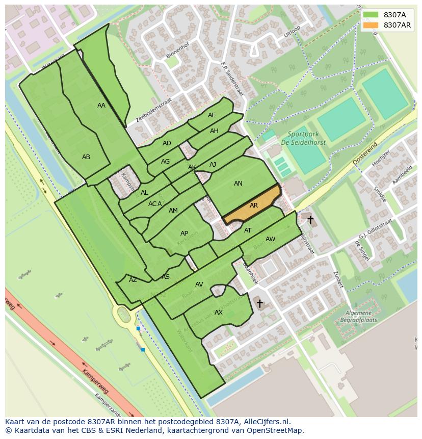 Afbeelding van het postcodegebied 8307 AR op de kaart.