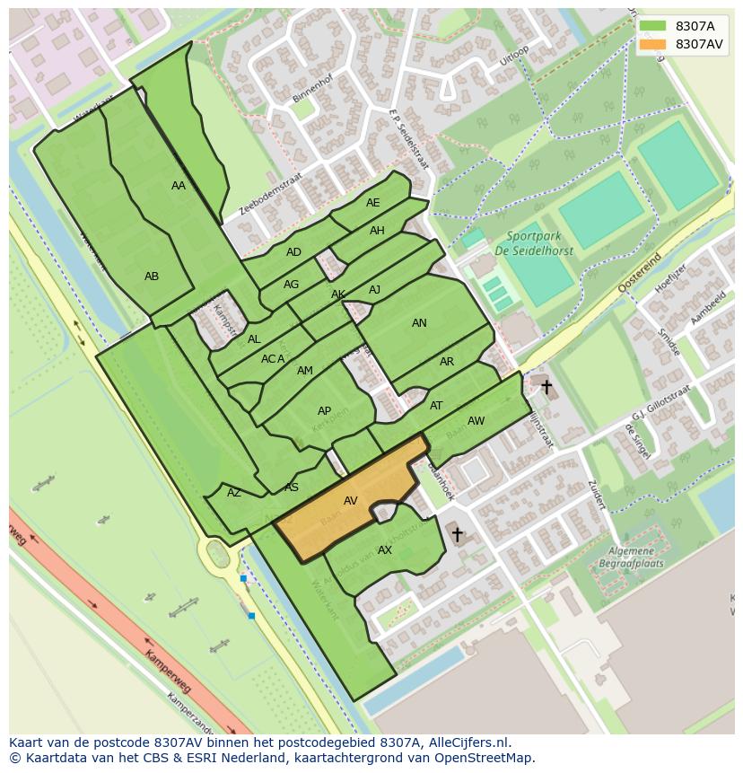 Afbeelding van het postcodegebied 8307 AV op de kaart.