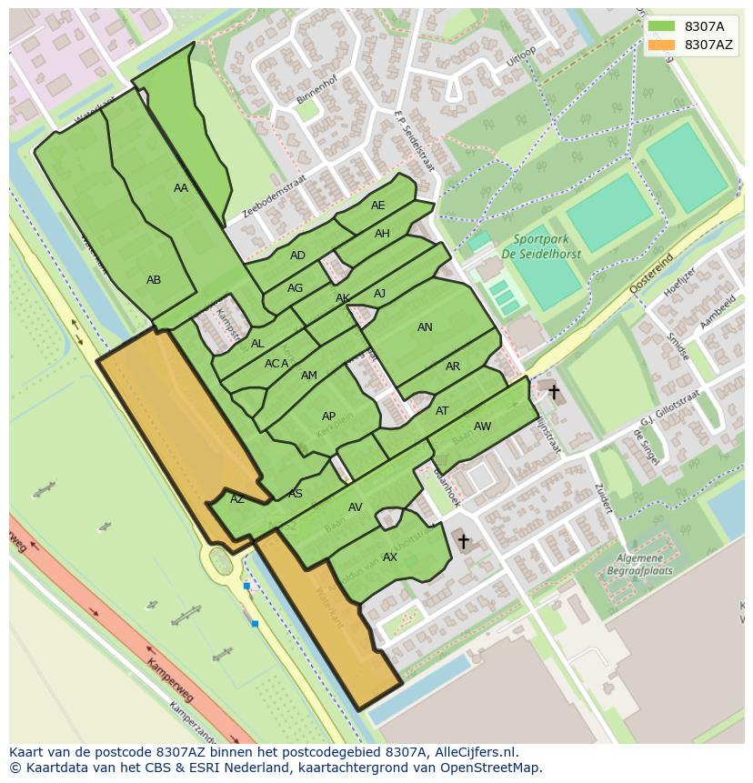 Afbeelding van het postcodegebied 8307 AZ op de kaart.