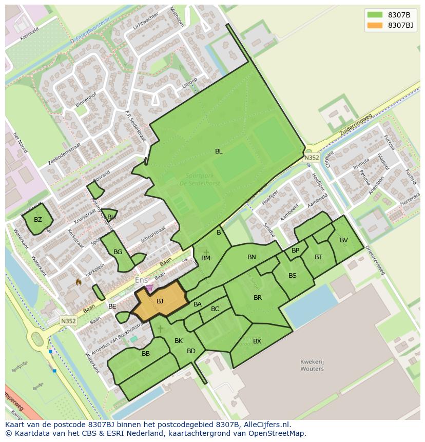 Afbeelding van het postcodegebied 8307 BJ op de kaart.