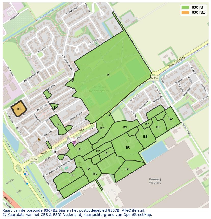 Afbeelding van het postcodegebied 8307 BZ op de kaart.