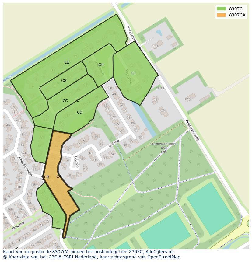 Afbeelding van het postcodegebied 8307 CA op de kaart.