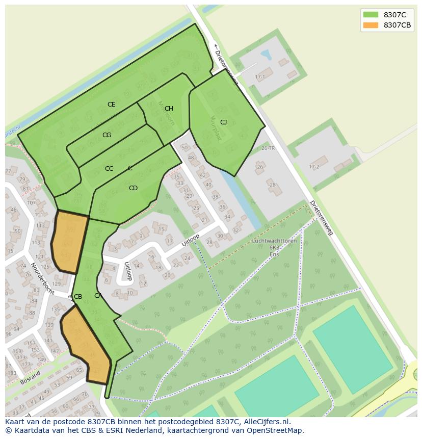 Afbeelding van het postcodegebied 8307 CB op de kaart.