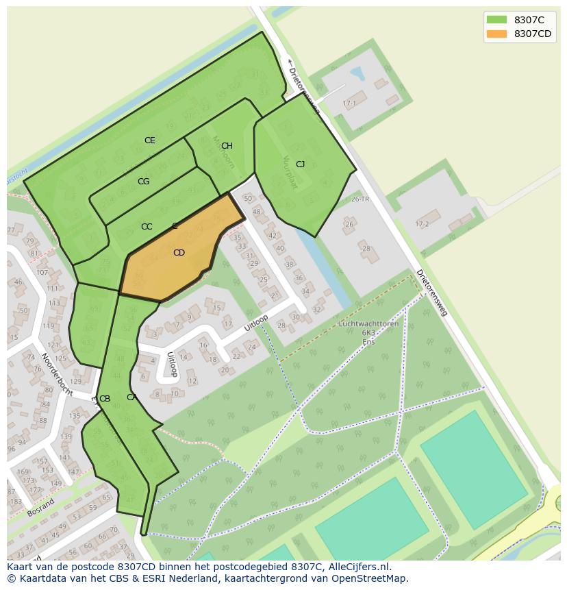 Afbeelding van het postcodegebied 8307 CD op de kaart.