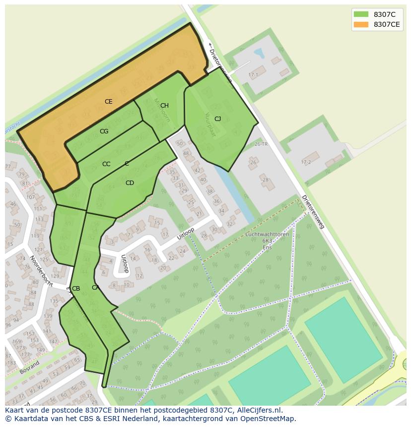Afbeelding van het postcodegebied 8307 CE op de kaart.