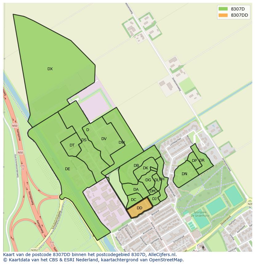 Afbeelding van het postcodegebied 8307 DD op de kaart.