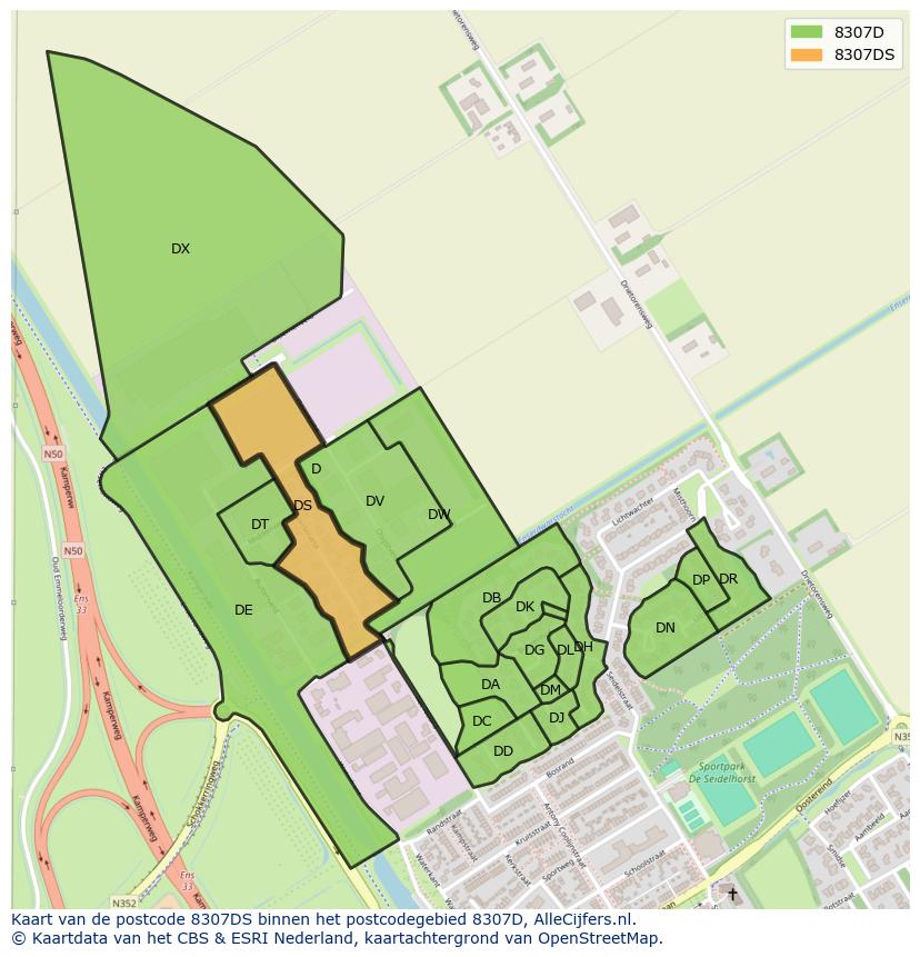 Afbeelding van het postcodegebied 8307 DS op de kaart.