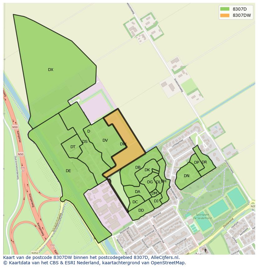 Afbeelding van het postcodegebied 8307 DW op de kaart.