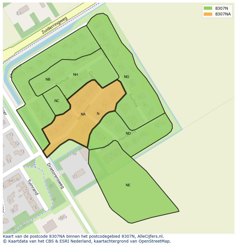 Afbeelding van het postcodegebied 8307 NA op de kaart.