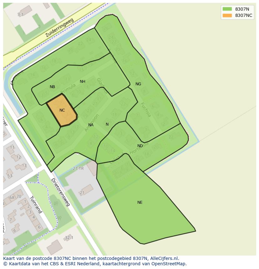 Afbeelding van het postcodegebied 8307 NC op de kaart.