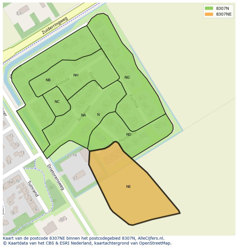 Afbeelding van het postcodegebied 8307 NE op de kaart.
