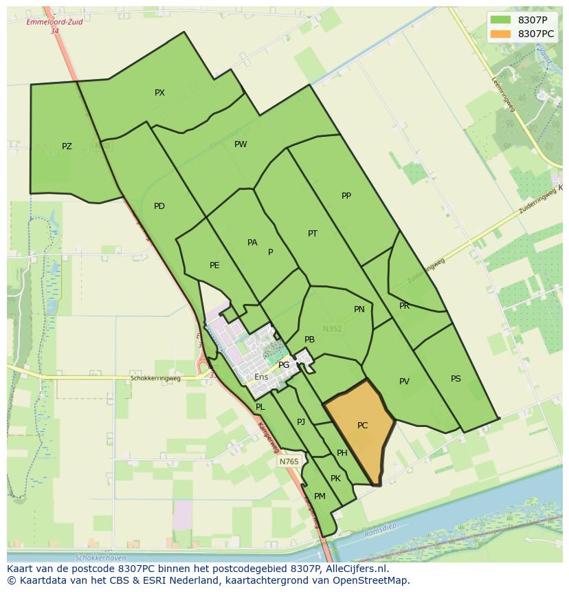 Afbeelding van het postcodegebied 8307 PC op de kaart.