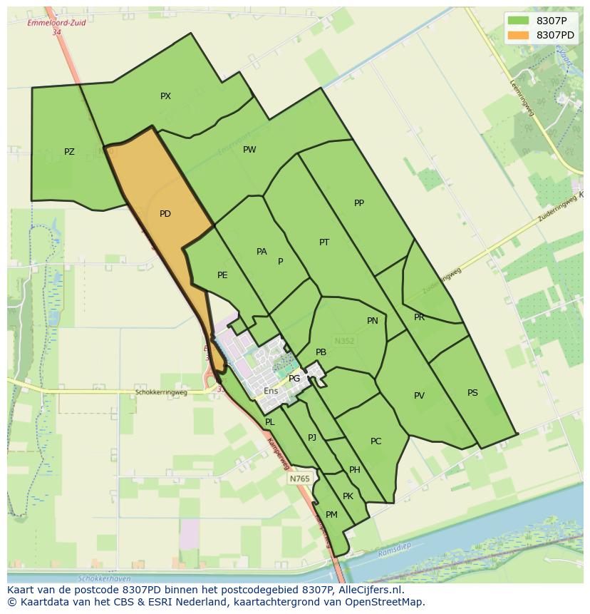 Afbeelding van het postcodegebied 8307 PD op de kaart.