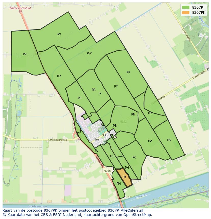 Afbeelding van het postcodegebied 8307 PK op de kaart.