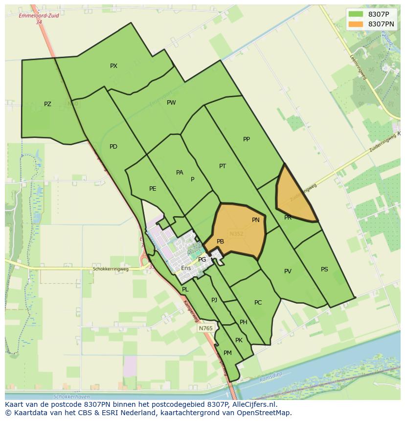Afbeelding van het postcodegebied 8307 PN op de kaart.