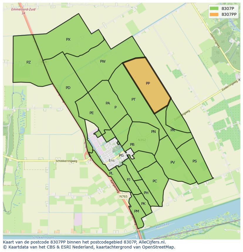 Afbeelding van het postcodegebied 8307 PP op de kaart.