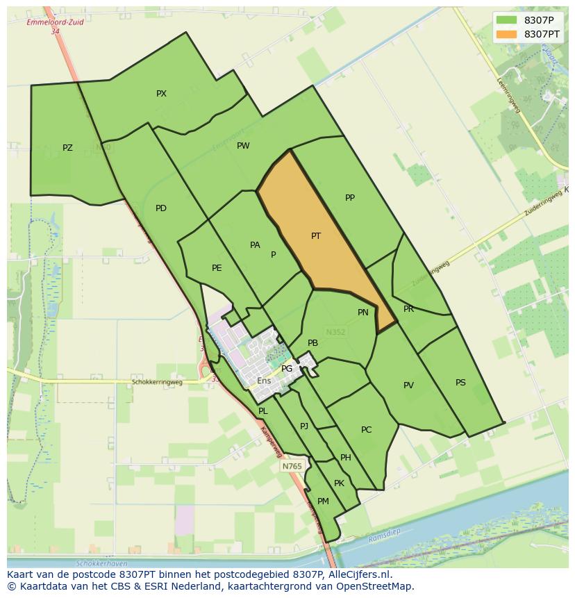 Afbeelding van het postcodegebied 8307 PT op de kaart.
