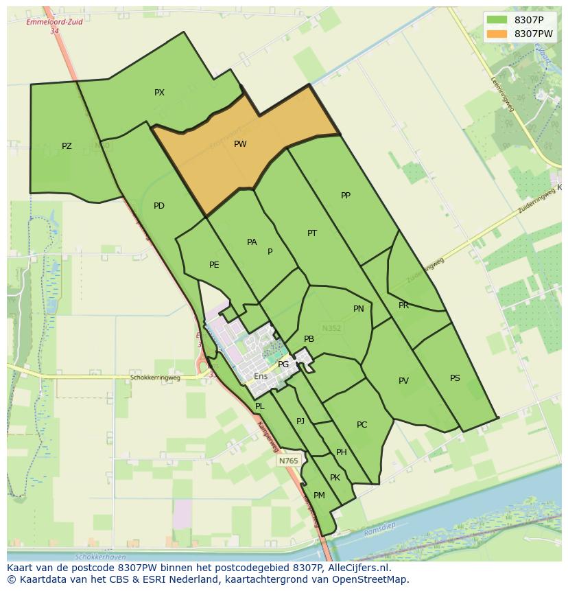 Afbeelding van het postcodegebied 8307 PW op de kaart.