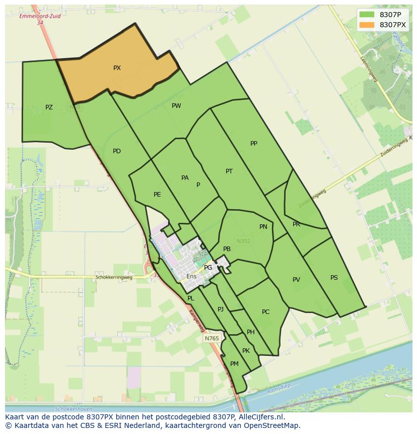 Afbeelding van het postcodegebied 8307 PX op de kaart.
