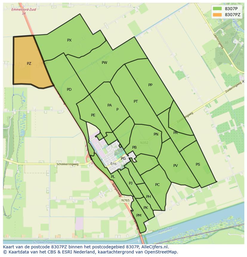 Afbeelding van het postcodegebied 8307 PZ op de kaart.