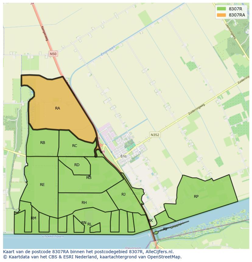 Afbeelding van het postcodegebied 8307 RA op de kaart.