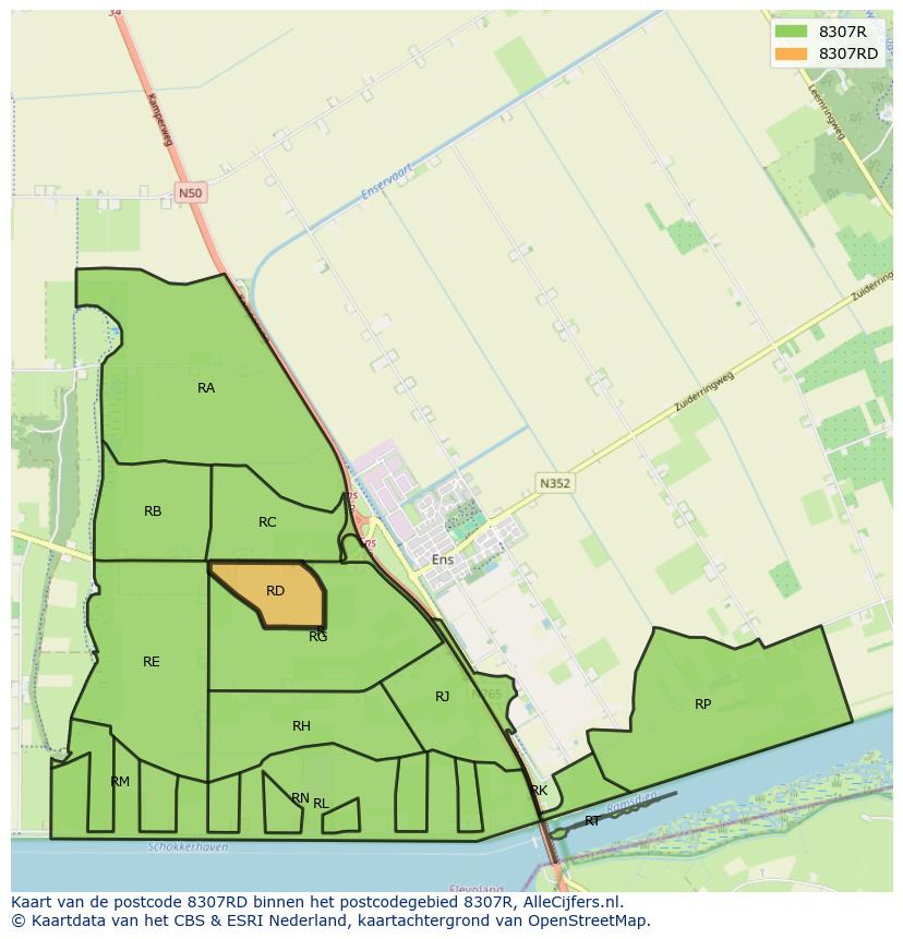 Afbeelding van het postcodegebied 8307 RD op de kaart.