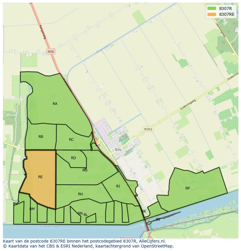 Afbeelding van het postcodegebied 8307 RE op de kaart.