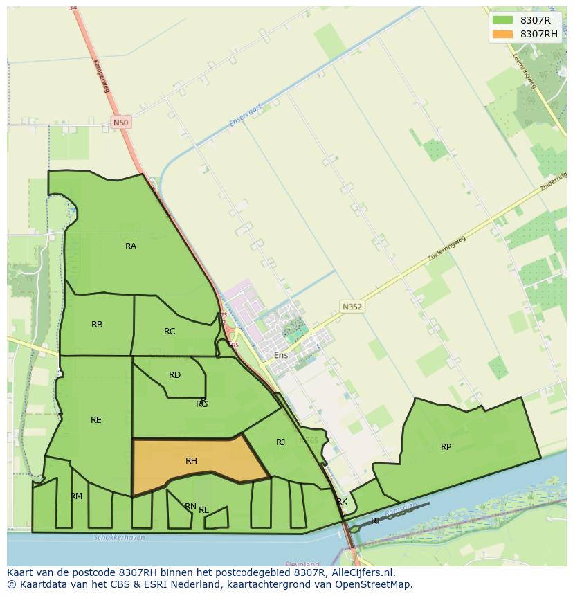 Afbeelding van het postcodegebied 8307 RH op de kaart.
