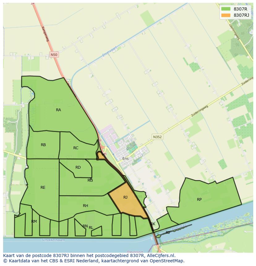 Afbeelding van het postcodegebied 8307 RJ op de kaart.